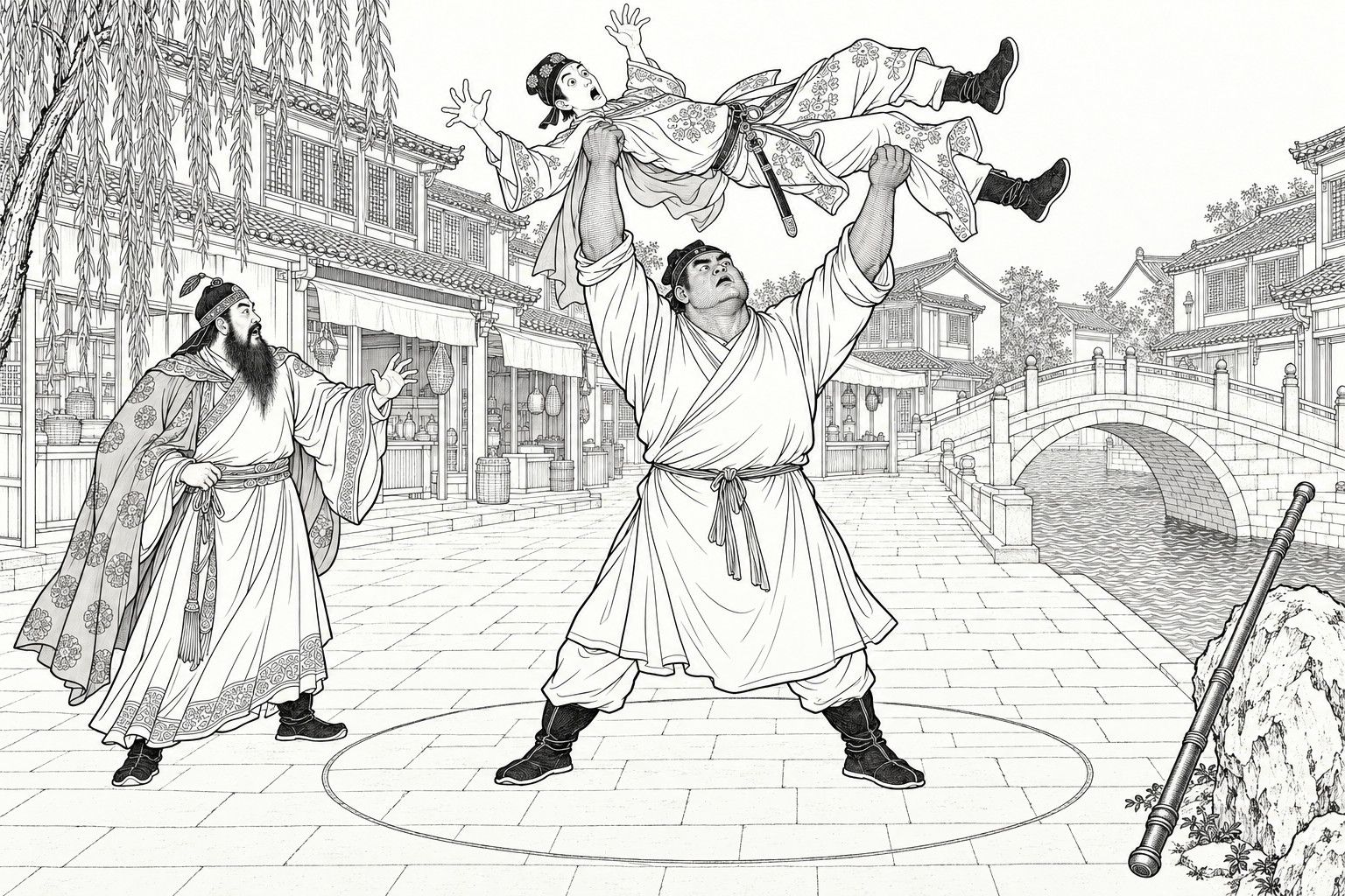 A line drawing in the manner of a late-Qing lithographed edition: in a ring drawn on the paving of a busy street beside an arched bridge, a huge man in a tunic holds a slim man in patterned clothes flat above his head, the man kicking and wide-eyed, while a bearded man in a patterned cloak at the left stares with a raised hand; a metal staff lies at the right.