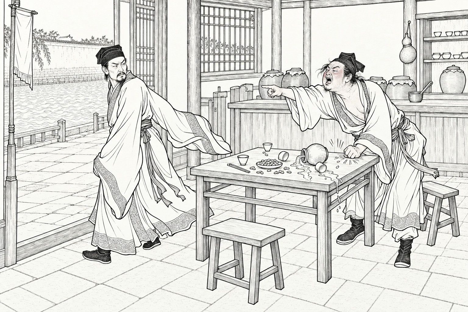 A line drawing in the manner of a late-Qing lithographed edition: inside a small wine shop by a stream in the daytime, a red-faced drunken scholar leans on one fist on the table and jabs a finger as he rants, the wine jug tipped over, while his frowning friend turns away with sleeves flung out to leave by the open front, with wine jars, a counter and a hanging banner behind them.