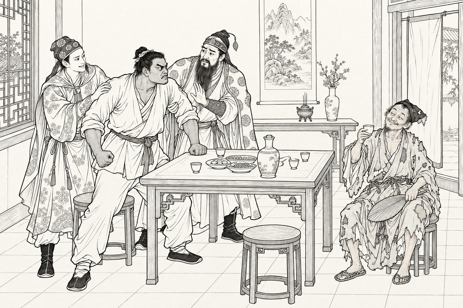 A line drawing in the manner of a late-Qing lithographed edition: in a room with a landscape scroll, a flushed young man in a plain tunic with a clenched fist is held back by a slim young man in a patterned cap and a bearded man in a patterned robe at a square table set with wine, while a ragged monk sits at the right holding a cup, calm and smiling.