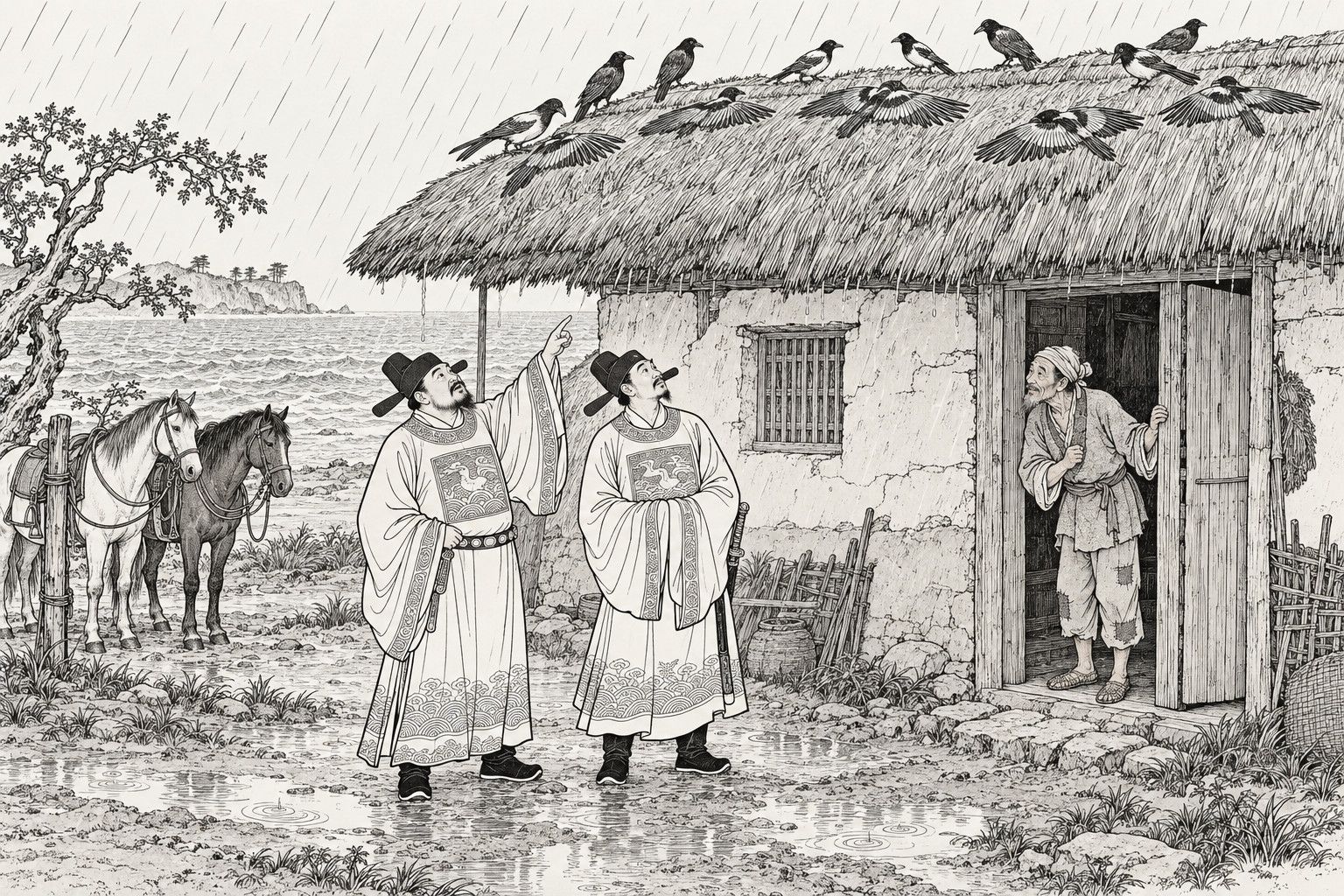 A line drawing in the manner of a late-Qing lithographed edition: on a rainy day by the seaside, two Ming military officers in round-collared robes with rank badges stand before a thatched cottage, one pointing and the other gazing up at the crows and magpies spreading their wings over the roof, while a poor old herdsman in a headcloth looks out from the doorway, with two tethered horses, puddles, a gnarled tree and a strip of sea behind.