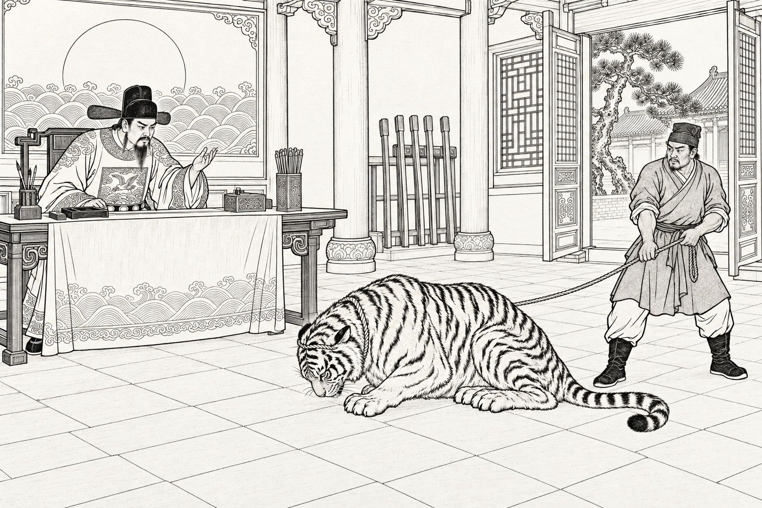 A line drawing in the manner of a late-Qing lithographed edition: in the main hall of a county yamen by day, a seated magistrate in a winged black gauze cap and rank-badge robe raises a hand to question a crouching tiger, which bows its head low with a rope loosely round its neck, while a sturdy runner at the right grips the rope's end, with a sun-and-waves screen, brick floor, rod rack, lattice window and a pine in the courtyard beyond.