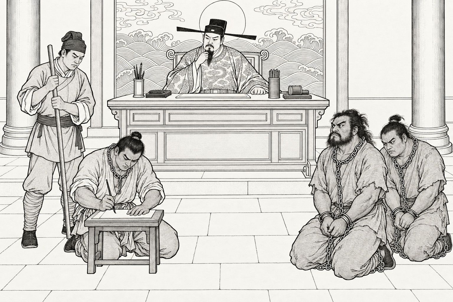 A line drawing in the manner of a late-Qing lithographed edition: in a court hall with a wave-pattern screen, a magistrate with a winged cap strokes his chin behind a high desk, a chained man kneels writing on a sheet on a low stool with a bailiff with a staff standing over him, and two chained men kneel at the right looking toward the bench.
