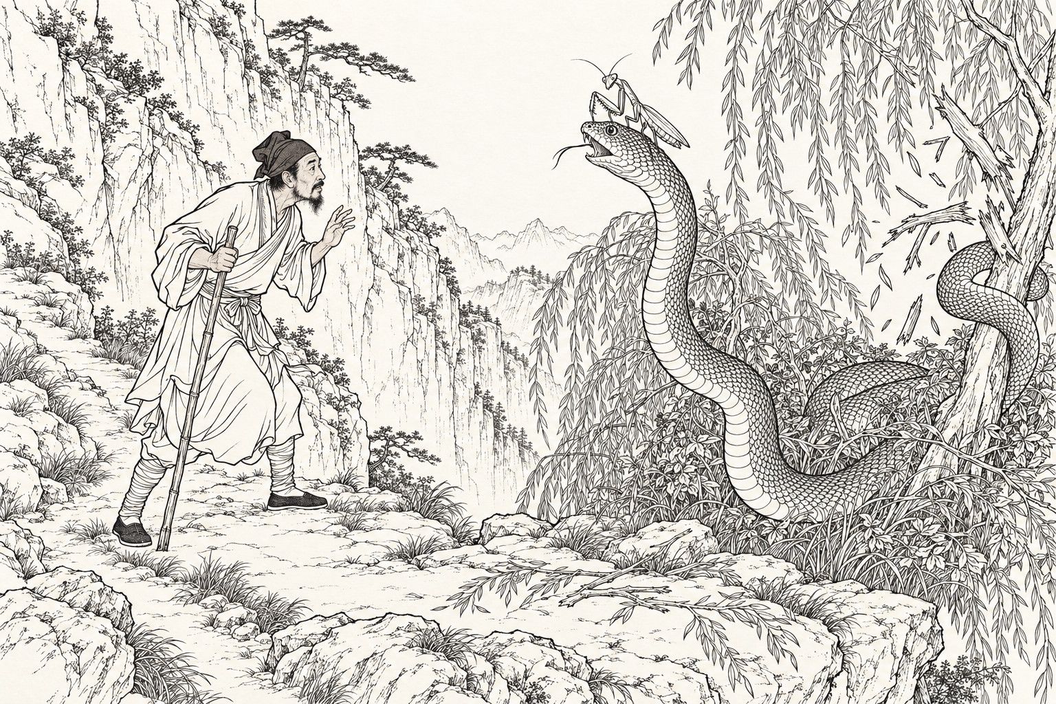 A line drawing in the manner of a late-Qing lithographed edition: on a rocky cliff ledge above a mountain gully in daylight, a lean bearded traveller in a cloth cap and long gown, holding a bamboo staff, leans forward with one hand raised in astonishment, while a huge snake rears up in a willow thicket with a mantis perched on its head and snapped willow branches falling beside it.