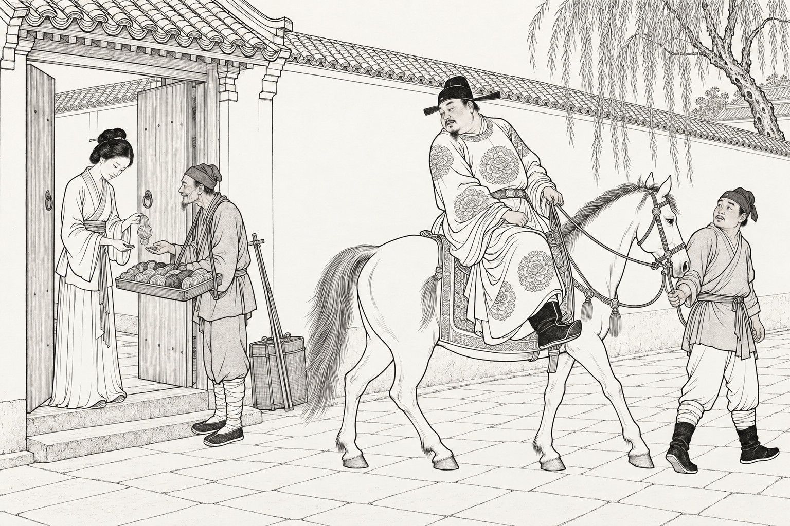 A line drawing in the manner of a late-Qing lithographed edition: in a quiet lane with a white wall and a willow, a young woman at an open gate bends over a pedlar's tray of thread skeins, while a stout man in a peony-patterned robe and winged cap, riding past on a white horse, turns right round in the saddle to stare at her and the groom leading the horse looks back at him.