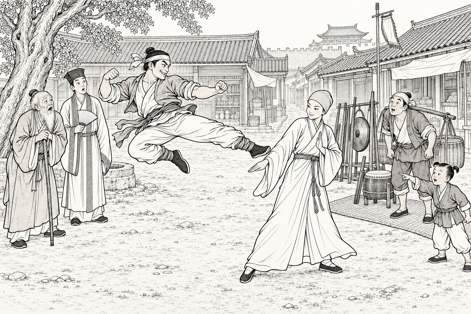 A line drawing in the manner of a late-Qing lithographed edition: on a bright day in an open market square beside shop fronts and an old tree, a young martial artist leaps into the air with a flying kick while a calm, smiling young nun in a long robe turns aside and swings a flat hand toward his leg, as an old man, a scholar with a fan, a porter with a carrying pole and a pointing child look on beside a gong, drum and rack of staves.