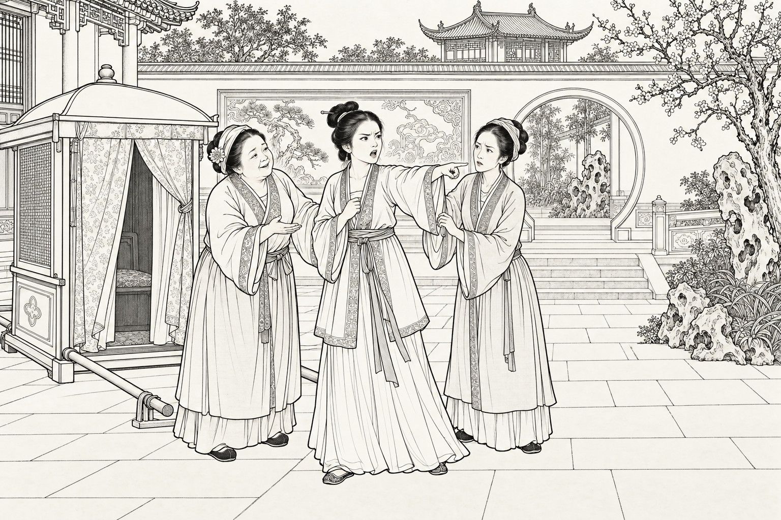 A line drawing in the manner of a late-Qing lithographed edition: in a mansion courtyard beside a set-down sedan chair with its curtain open, a young woman stands with one arm outstretched, pointing angrily, while a stout serving woman and a second serving woman stand close on either side of her.