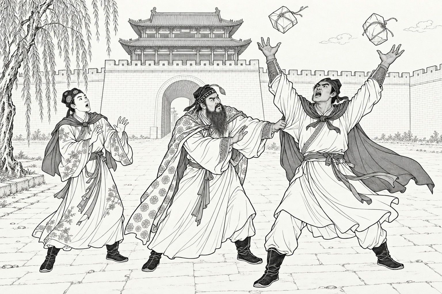 A line drawing in the manner of a late-Qing lithographed edition: outside a city gate, a young hero in a cape throws both arms up with his mouth wide open as two paper-wrapped parcels spin in the air above him, while a bearded man in a flowered robe grips his sleeve and a young man in a flowered robe beside them stares in dismay.