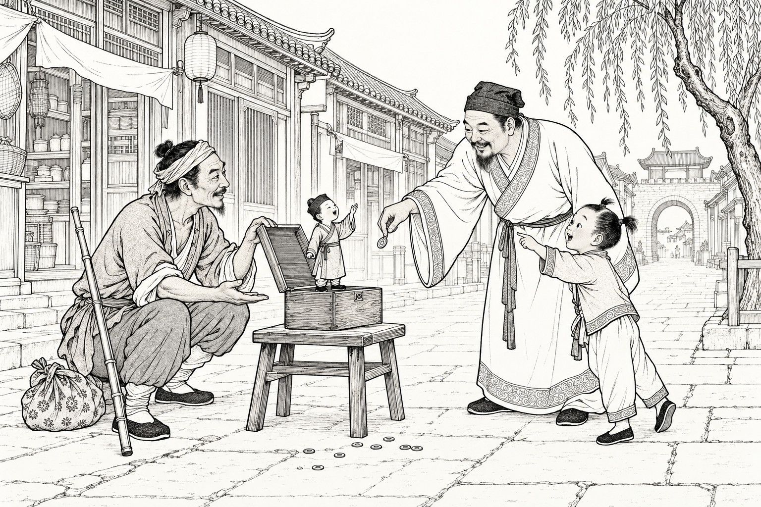 A line drawing in the manner of a late-Qing lithographed edition: on a daytime market street of a county town, a travelling showman crouches beside a small wooden box on a low stool and lifts its lid, a tiny scholar-boy stands singing on the open box, while a smiling townsman bends to drop a coin and a small child on tiptoe points in wonder, with shopfronts, a lantern, a willow and a distant archway behind.