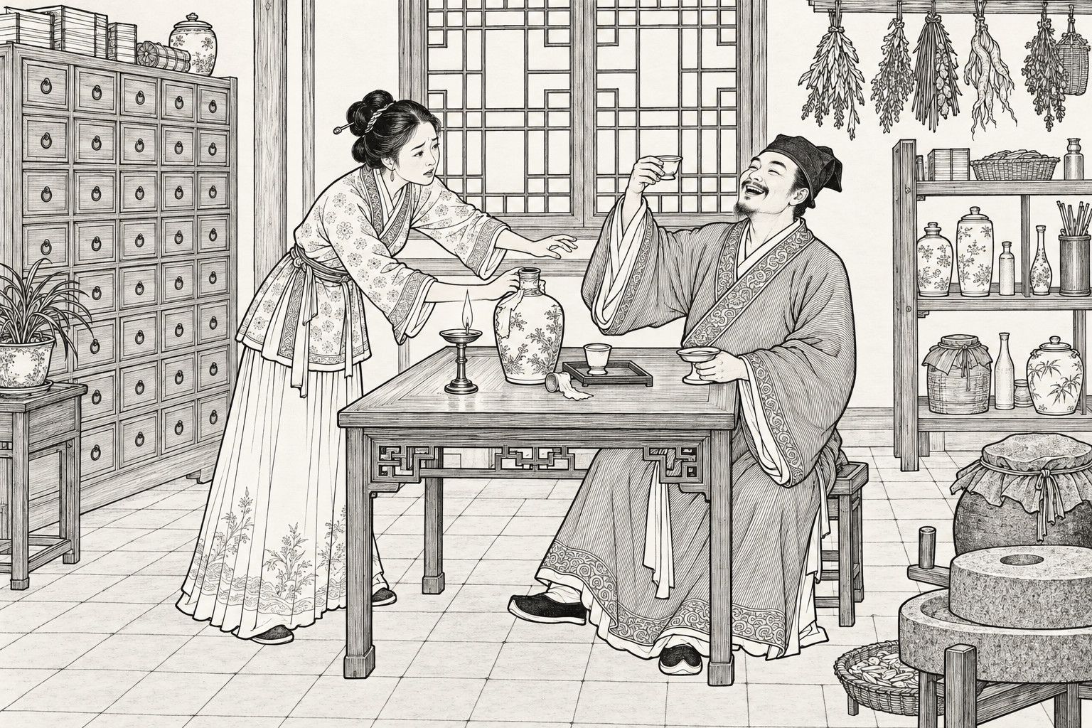 仿清末石印本的線描：夜裡書生家的堂屋中，頭戴軟巾、身穿長衫的男子坐在方桌旁笑著舉杯，挽髻的妻子從左邊俯身，伸手去按桌上拔了塞的酒瓶，桌上有油燈，四周是藥櫃、懸掛的藥草、瓶罐架和石藥碾。
