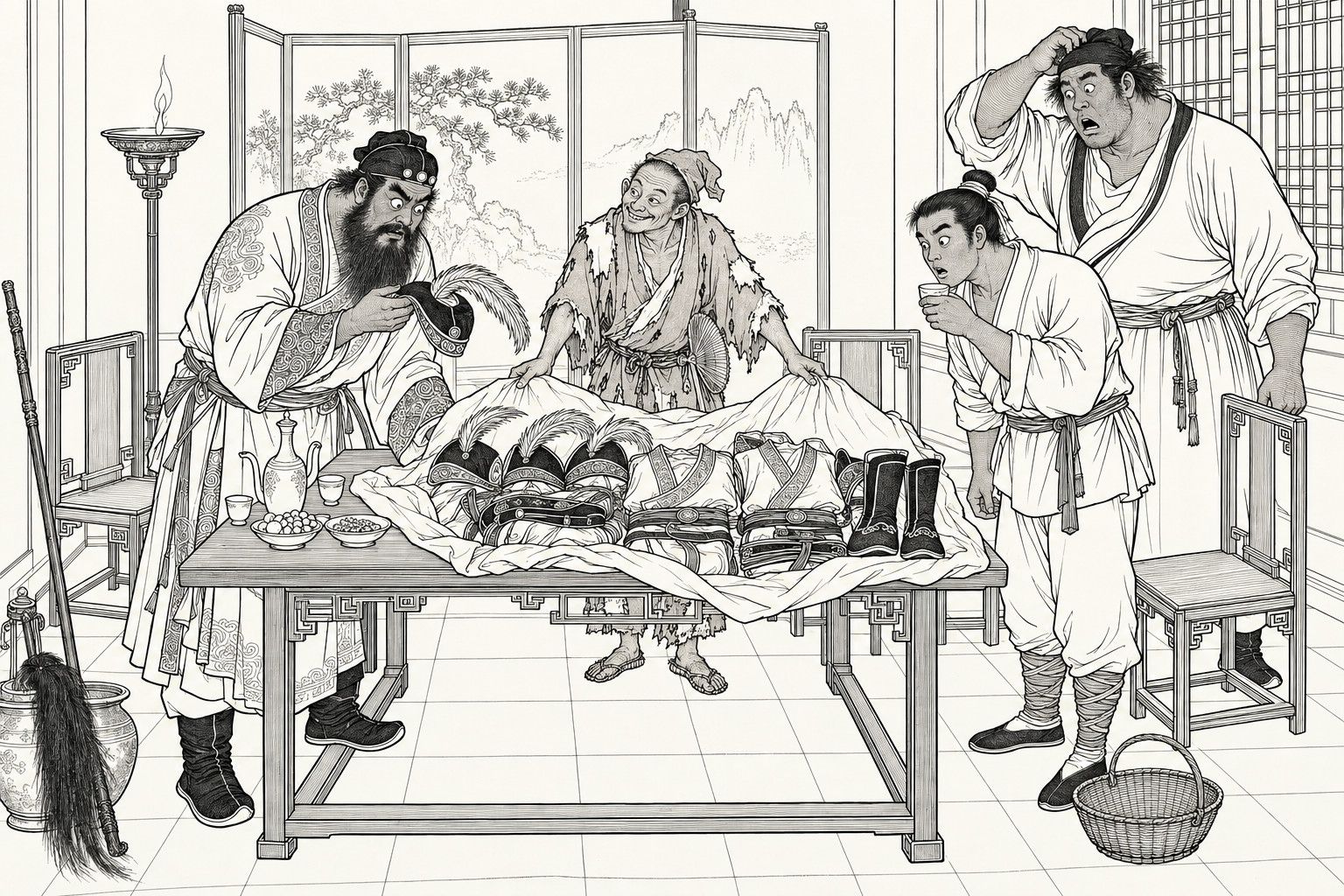 A line drawing in the manner of a late-Qing lithographed edition: at night in a hall lit by a tall lamp, a ragged monk grins as he spreads open a cloth bundle of feathered caps, jackets and boots on the table, while a bearded gentleman holds up a cap, a young man with an empty basket at his feet stares, and a huge man scratches his head with his mouth open.