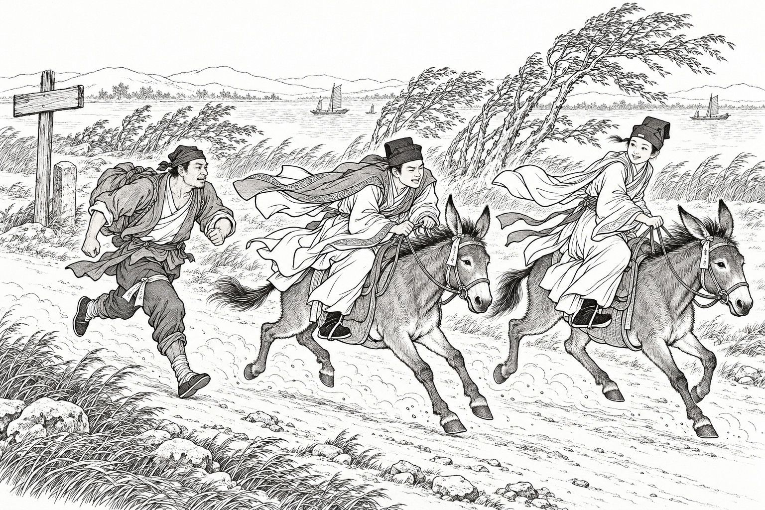 A line drawing in the manner of a late-Qing lithographed edition: on a windswept country road at the end of the night, a young scholar and a girl dressed as a boy gallop side by side on two donkeys, she glancing back over her shoulder with a smile, while a manservant with a bundle on his back runs beside them, paper charms tied to the donkeys' ears and his thigh, past a signpost, a stone marker, bent trees and reeds, with a river, small boats and faint hills behind.