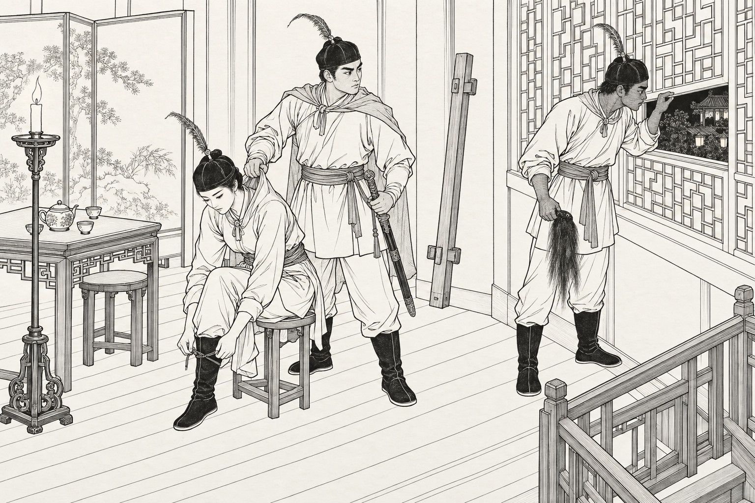 A line drawing in the manner of a late-Qing lithographed edition: in an upstairs room with a lattice window, a young woman in a runner's uniform sits on a stool pulling on a boot, her tall brother in the same uniform stands over her holding her jacket, and a third man lifts the window lattice to peer out with a false beard dangling from his hand.