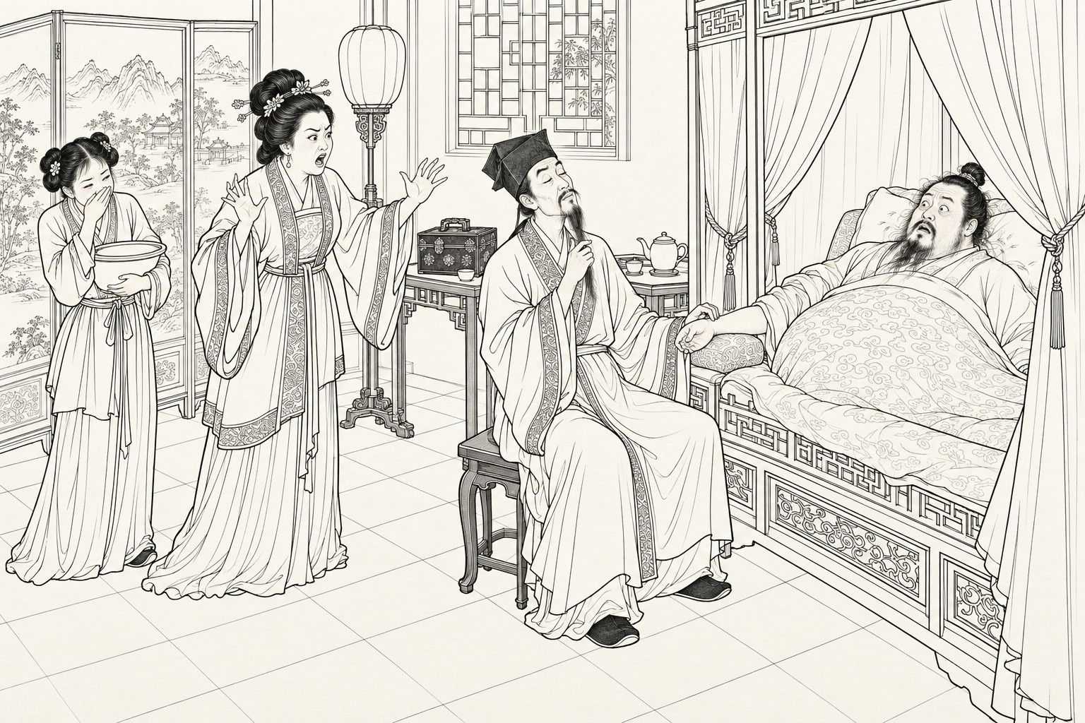 A line drawing in the manner of a late-Qing lithographed edition: in a curtained bedroom, an official with an enormous round belly lies propped on pillows with his wrist laid out, a quack doctor on a stool takes his pulse stroking his beard, and two women stand at the left, one with her hand raised in alarm and one covering her mouth over a bowl.