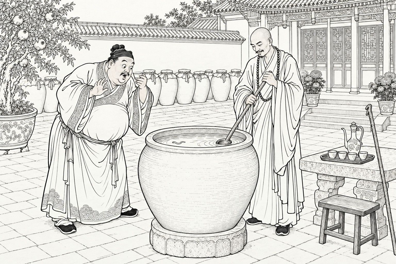 A line drawing in the manner of a late-Qing lithographed edition: in a courtyard lined with sealed wine jars, a monk in robes and prayer beads stirs a huge jar of water with a long ladle, a tiny worm-shaped form floating in it, while a stout man sniffs a small cup, wide-eyed and raising a hand in astonishment; a tray of cups and a wine ewer stand on a stone table.