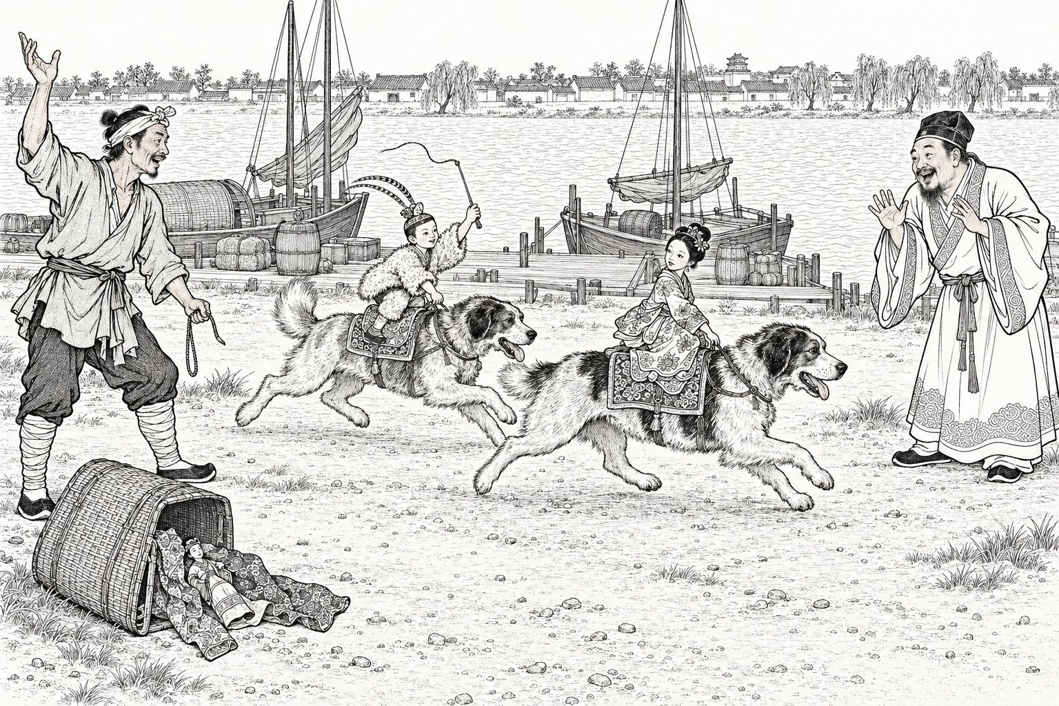 A line drawing in the manner of a late-Qing lithographed edition: on the open ground beside a river landing in daytime, a lean travelling showman at the left raises an arm and calls on two big dogs, each carrying a small carved wooden figure, a richly dressed beauty looking back and a boy in a sheepskin coat and pheasant plumes cracking a whip, while a delighted merchant at the right throws up both hands, with an overturned bamboo hamper in the foreground and moored boats, a landing stage, the river and willows behind.
