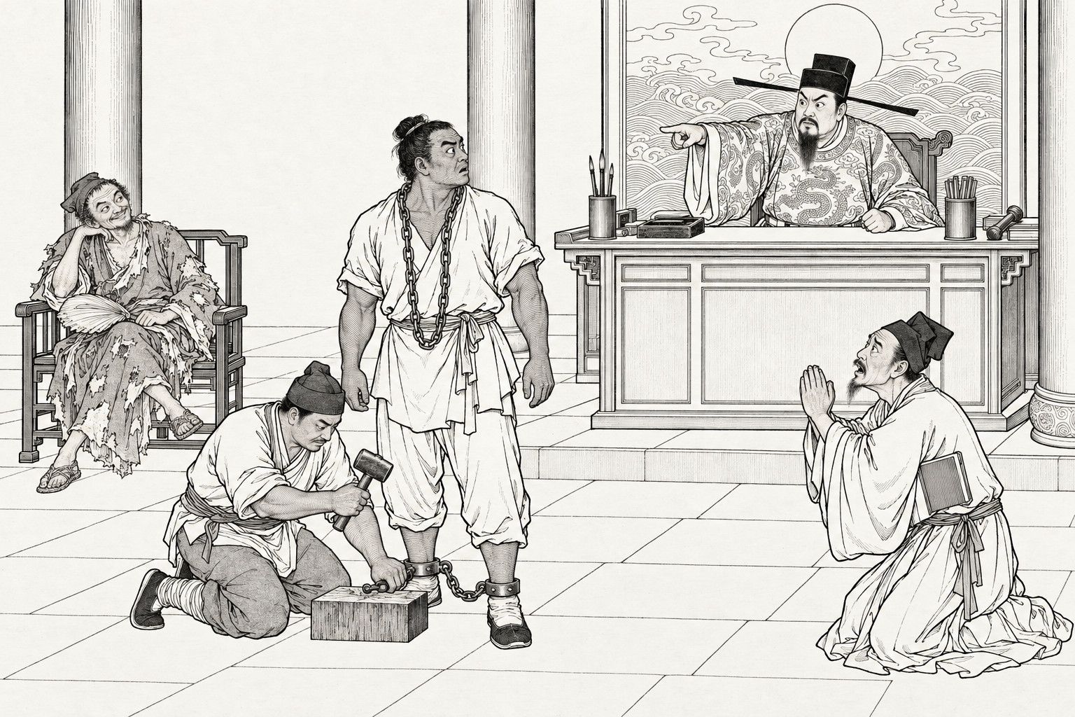 A line drawing in the manner of a late-Qing lithographed edition: in a court hall, a magistrate behind his desk points forward with one arm thrust out, a young man in leg-irons stands dazed while a bailiff kneels and hammers at his chains, a clerk kneels at the right with his hands clasped, and a ragged monk lounges in an armchair at the left, smiling.