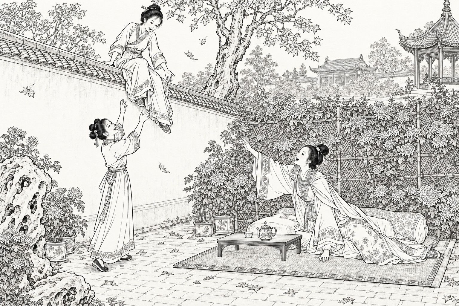 A line drawing in the manner of a late-Qing lithographed edition: on an autumn day in a rich family's back garden, a girl sits sideways on a tiled garden wall and reaches down to a maid who stands below with both arms raised to catch her, while a pale young lady half rises from a cushioned mat beside a chrysanthemum hedge and stretches out a hand, with a low table and teapot, a garden rock, a tall tree and distant pavilion roofs around them.