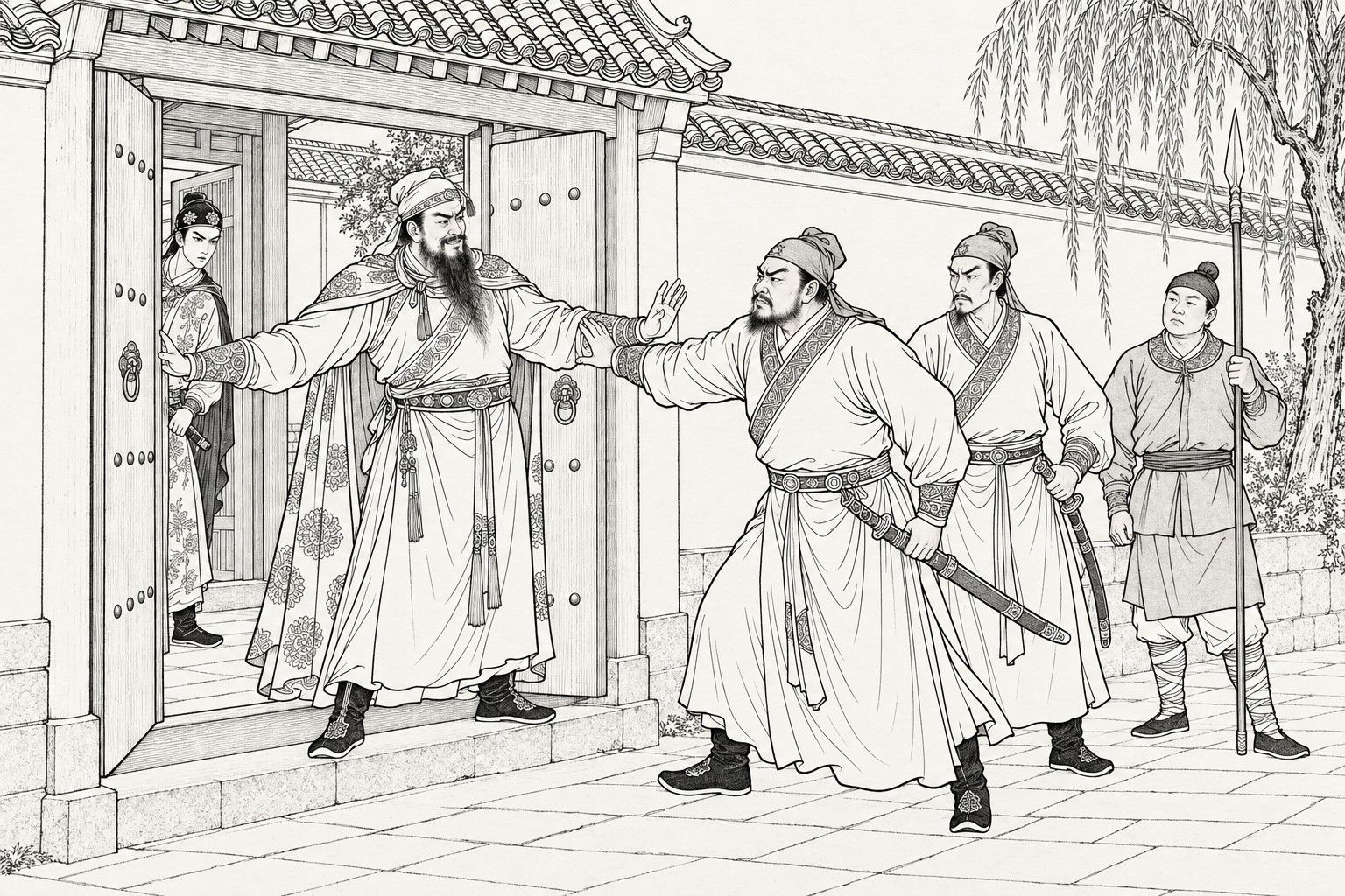 仿清末石印本的線描:一座院落敞開的大門口,留須的戶主抬手攔著路;一個軍官皺著眉往前擠;另一個軍官和一個持矛的兵站在後面;裡面的門後有一個年輕人探頭張望。
