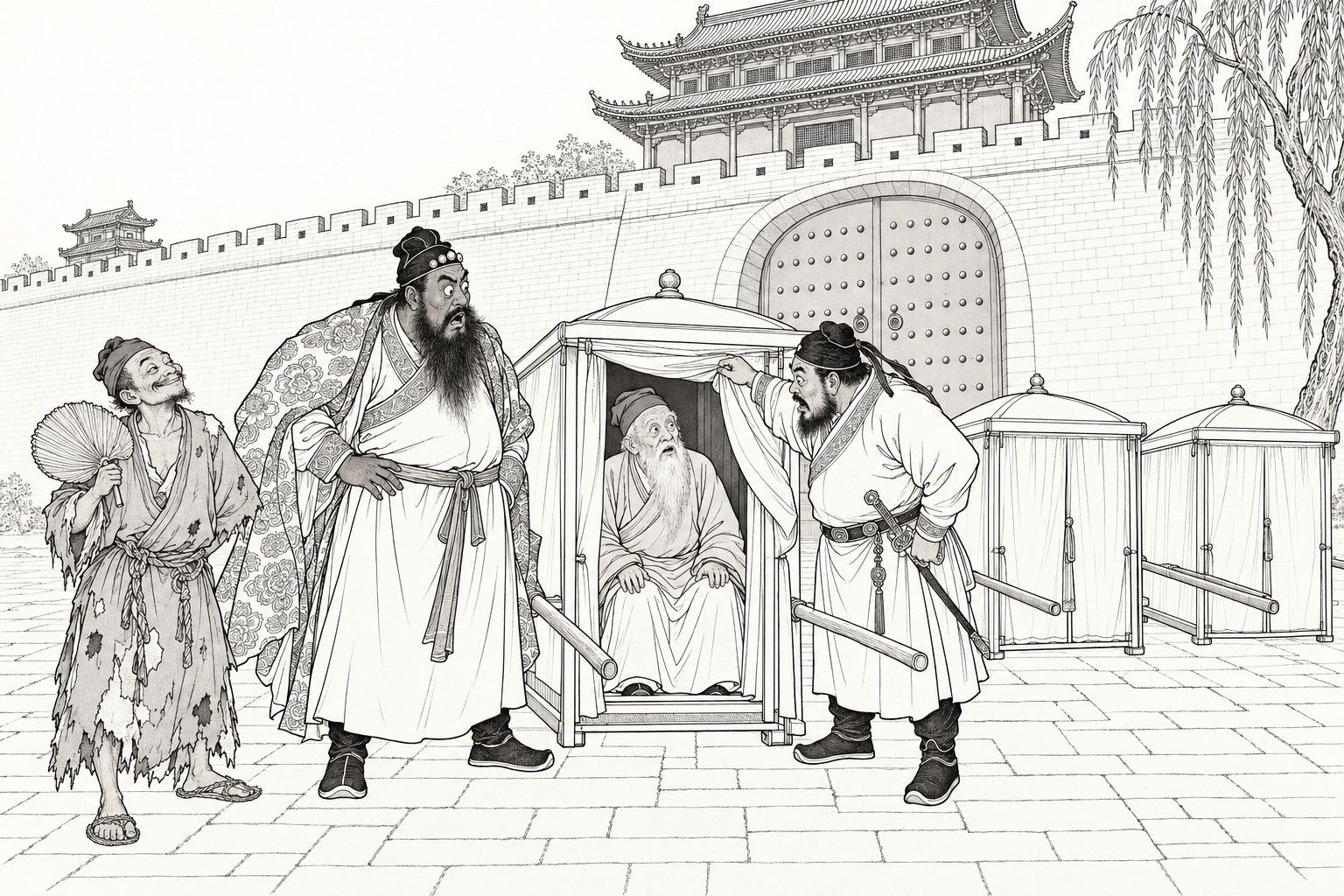 A line drawing in the manner of a late-Qing lithographed edition: before a closed city gate, an officer lifts the curtain of a sedan chair to reveal a startled white-bearded old man inside, while a bearded gentleman in a flowered robe goggles beside it, a ragged monk with a fan looks on grinning, and two more sedan chairs stand in a row.