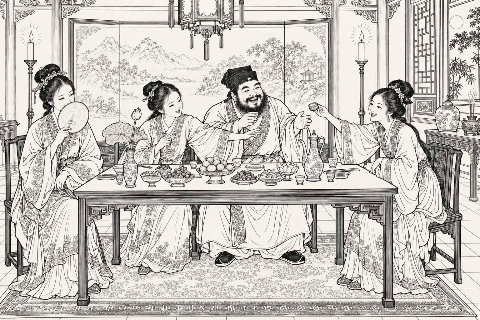 A line drawing in the manner of a late-Qing lithographed edition: on a lamplit summer night in the main hall of a large house, a stout bearded scholar sits laughing at a banquet table, cup in hand, while a young woman at his side reaches across to stop a playful hand offering a tiny box, and another woman at the table's end hides her smile behind a round fan, with a painted screen, lantern, candles, fruit dishes and a lotus vase around them.
