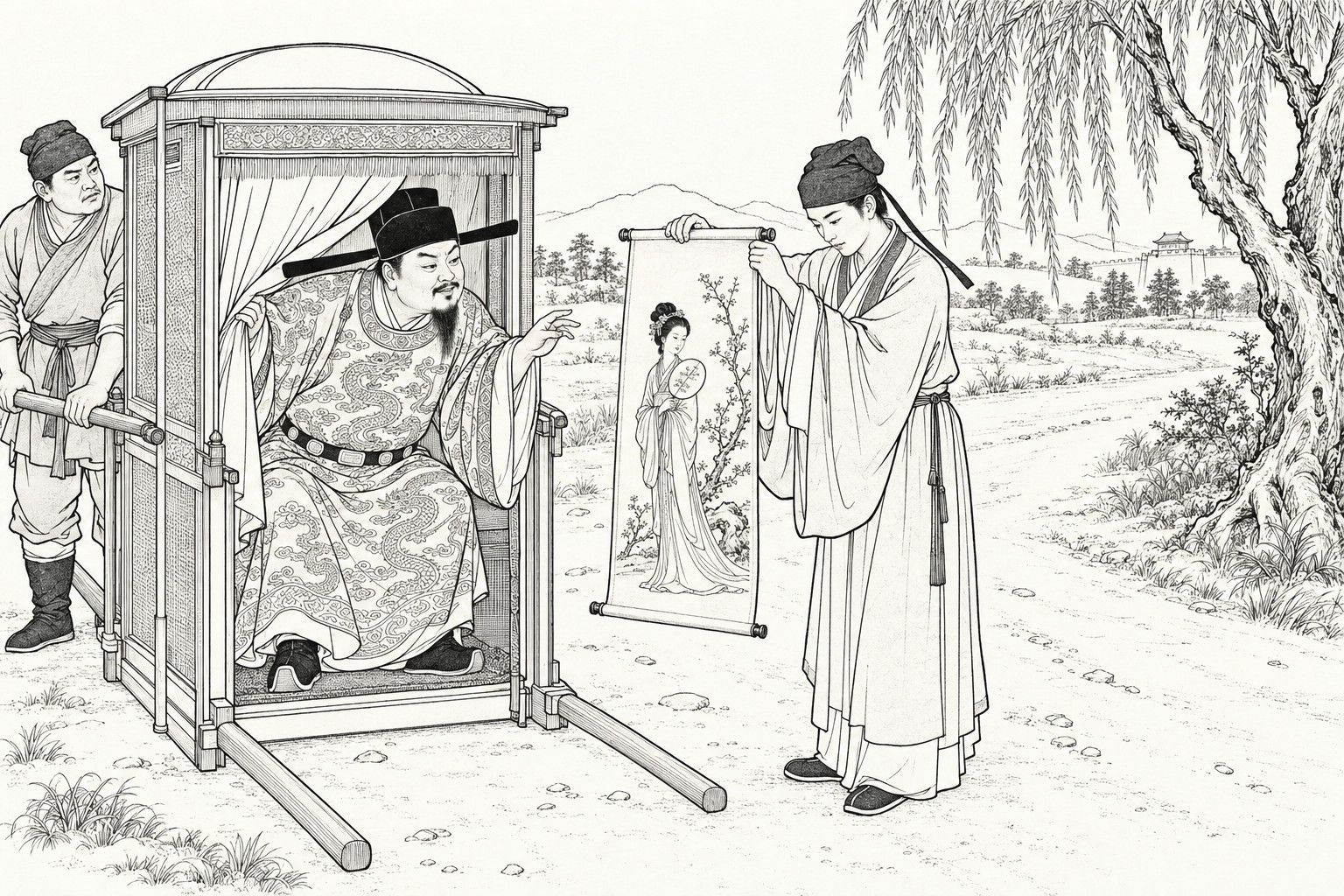 A line drawing in the manner of a late-Qing lithographed edition: beside a country road under a willow, an official in a winged cap leans out of his sedan chair with a hand half raised toward a hanging scroll of a beautiful lady, which a poor young scholar holds up by its top rod, and a runner stands at the chair pole.