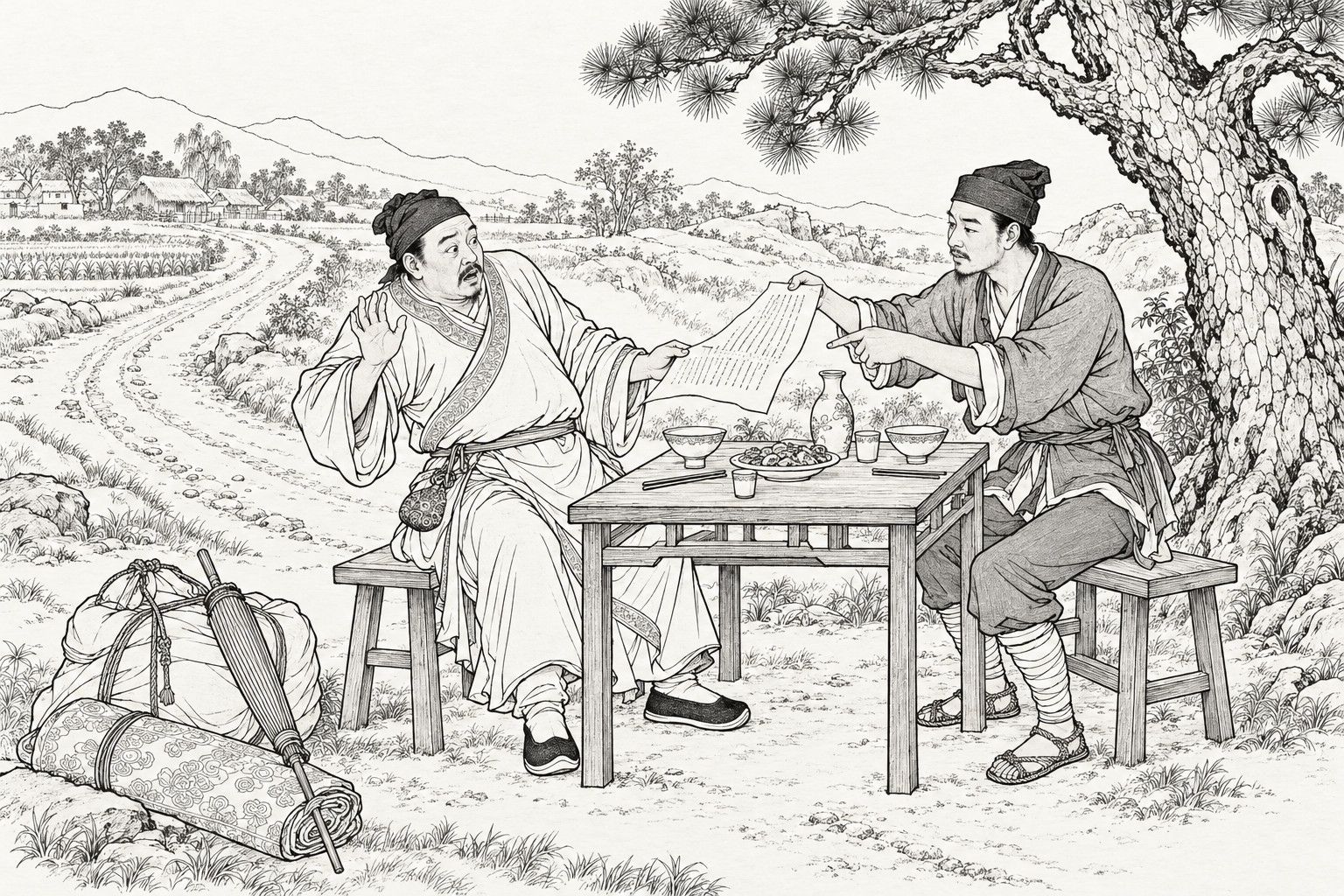A line drawing in the manner of a late-Qing lithographed edition: on a country roadside by day, a cloth merchant and a short-jacketed runner sit facing each other across a small wooden table under a large old pine, the runner holding out and pointing at an unrolled paper warrant while the startled merchant leans back with one hand raised, with a travelling bundle, umbrella and bolt of cloth on the ground and a winding road, fields, hills and a thatched village behind.