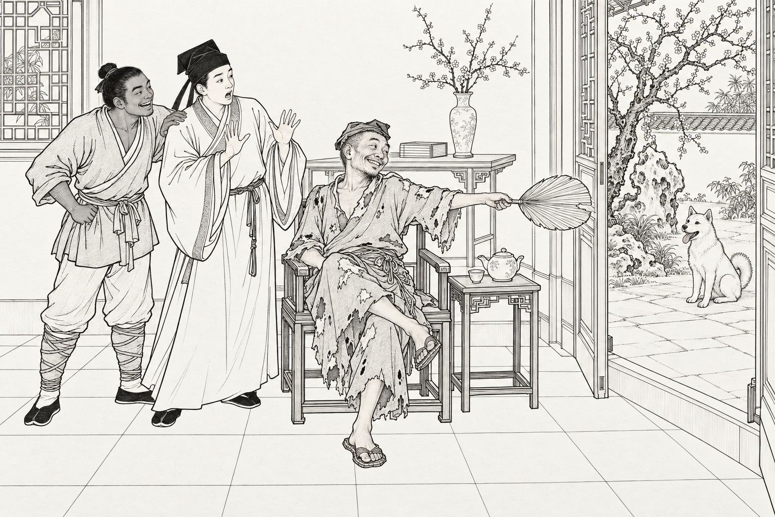 A line drawing in the manner of a late-Qing lithographed edition: By day in the main room of a modest house, a ragged monk lounges in an armchair with one leg crossed, pointing his palm-leaf fan through the open doorway at a white dog sitting in the courtyard under a plum tree, while a young scholar raises both hands in alarm and a sturdy dark-faced young man laughs and rests a hand on the scholar's shoulder.