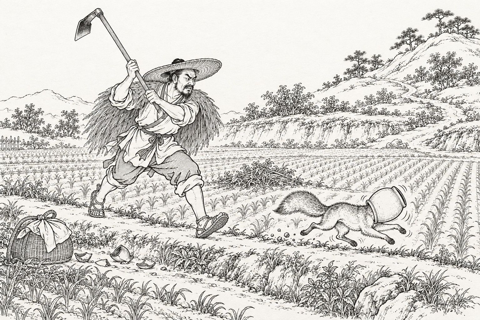 A line drawing in the manner of a late-Qing lithographed edition: on a hillside field toward evening, a broad-hatted farmer in a straw cape strides forward with a hoe raised in both hands, chasing a fox that bolts along the field ridge with an earthenware pot stuck over its head, with broken pot pieces and a food basket in the foreground, rows of young crops behind, and a pine-covered hill in the distance.