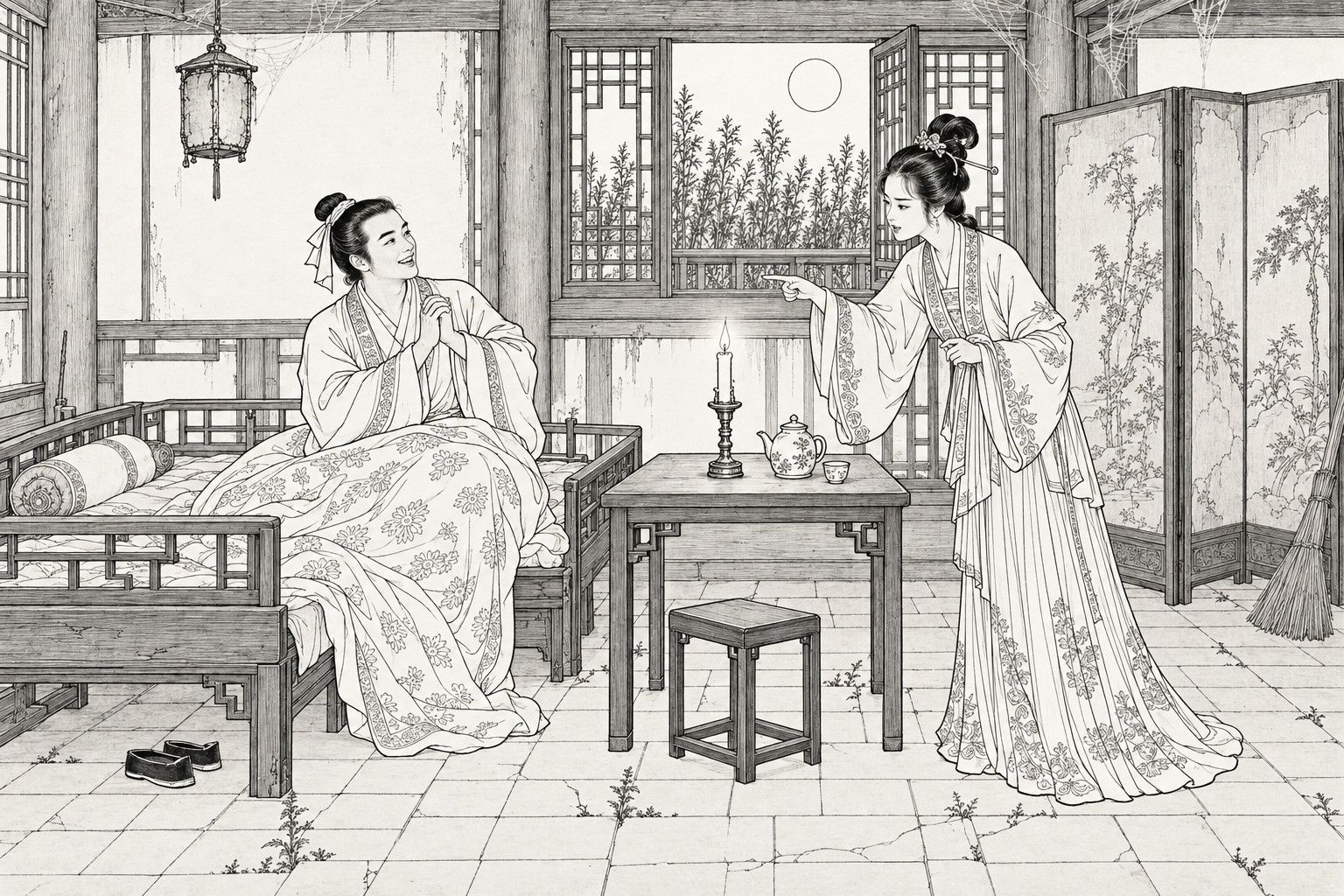 A line drawing in the manner of a late-Qing lithographed edition: on a moonlit night in an old, neglected wooden pavilion, a young scholar sits up on a plain bed with a quilt over his knees, laughing with his hands joined in a mock greeting, while a graceful young woman in a long pleated skirt stands beside a small table with a lit candle, teapot and cup and points at him in mock anger, with a lattice window showing wormwood and a round moon, a worn folding screen, a hanging lantern, cobwebs and a weedy brick floor around them.