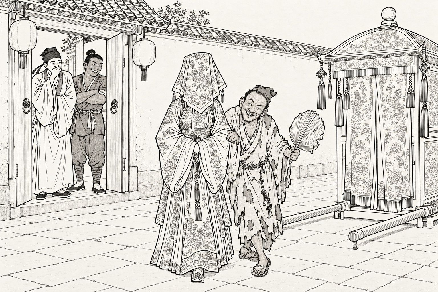 A line drawing in the manner of a late-Qing lithographed edition: at night in a lane before a gate hung with lanterns, a ragged monk smiling broadly leads a bride in a full wedding robe and veil, walking stiffly, toward a bridal sedan chair, while a young scholar covers his mouth with his sleeve to hold back laughter and a sturdy young man with folded arms grins in the doorway.