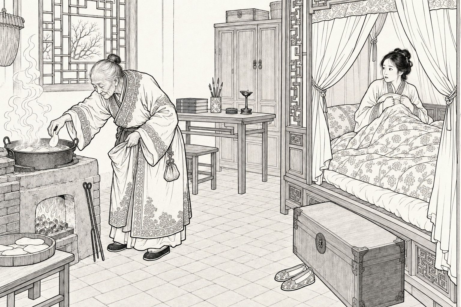 A line drawing in the manner of a late-Qing lithographed edition: on a winter night in a scholar's bedroom, a bent-backed old woman beside a brick coal stove lifts the flap of her coat with one hand and drops dough pieces into a steaming iron pot with the other, while a young wife sits up in a curtained carved bed, clutching the quilt and watching her in fright, with a table of books, a cupboard, a lattice window and a wooden chest around them.