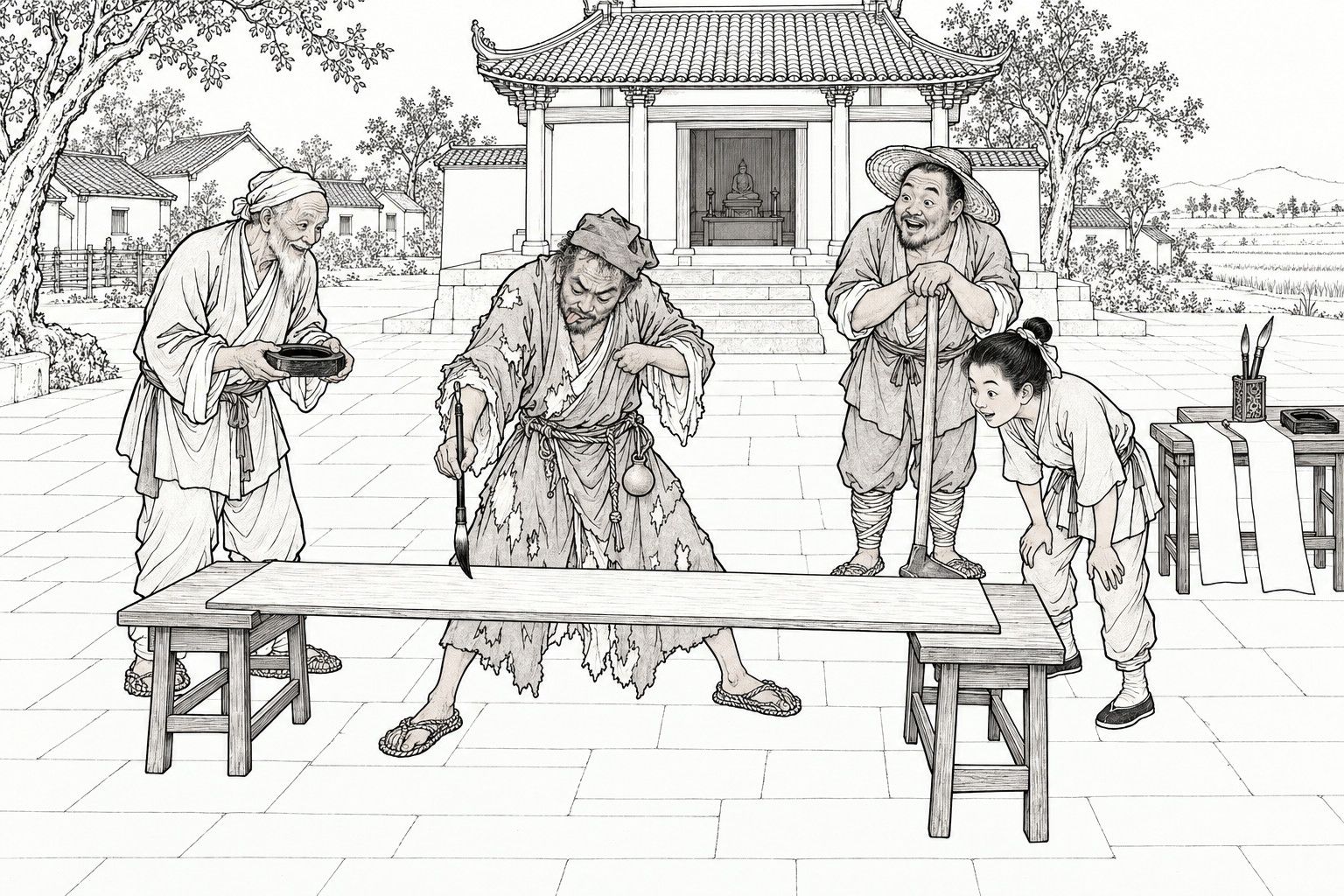 A line drawing in the manner of a late-Qing lithographed edition: before a village temple, a ragged monk bends over a long blank board laid across two benches and brushes it, one foot planted wide, as an old villager holds an inkstone, two other villagers lean in to watch, and blank paper strips lie on a small table at the right.