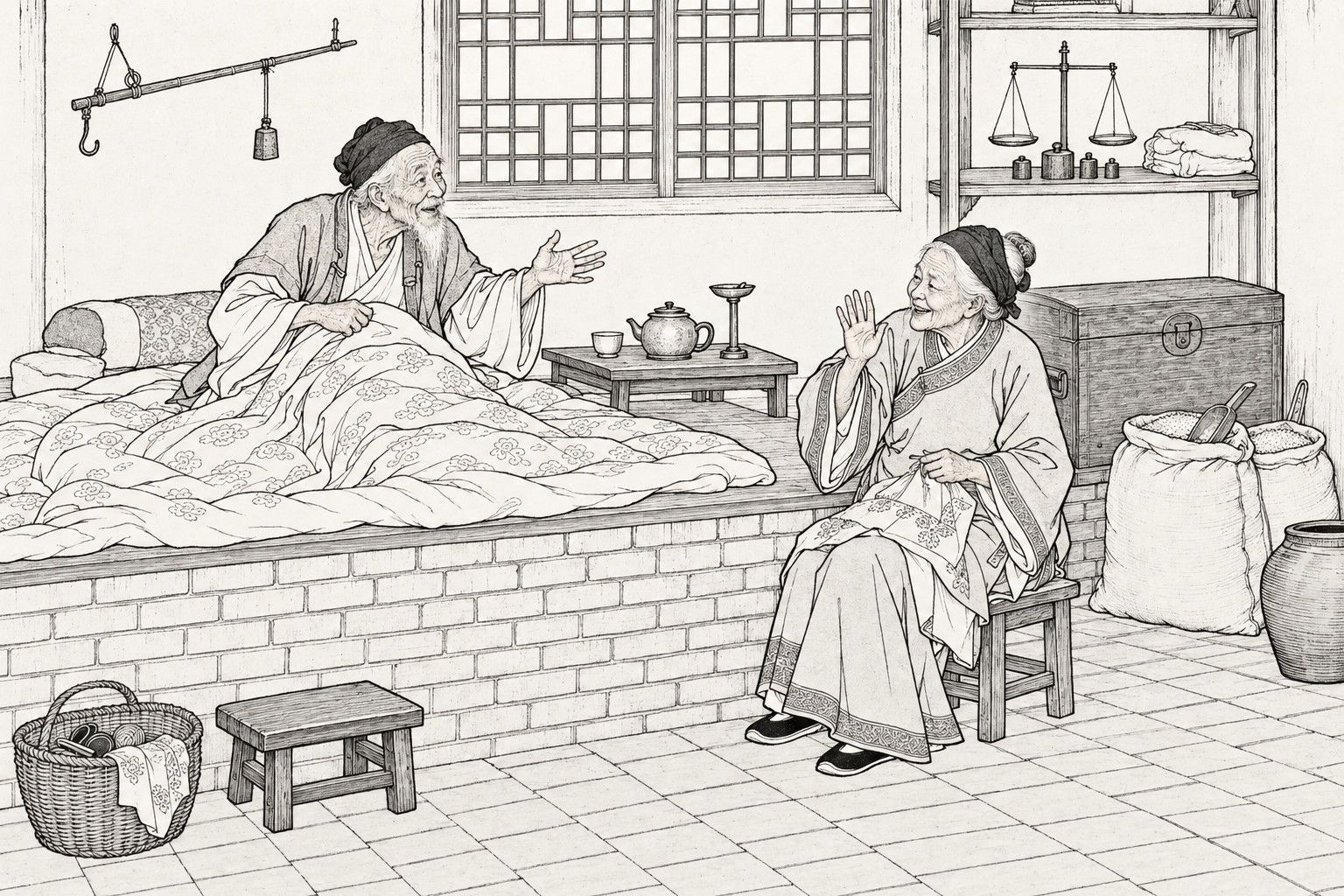 A line drawing in the manner of a late-Qing lithographed edition: early morning in a plain brick-floored room of a merchant's house, where a very old white-bearded man sits up on the brick sleeping platform under a quilt, one hand raised as he eagerly tells his dream, while an old woman on a low stool beside the platform, sewing in her lap, shakes her head and waves a hand at him with an amused, scolding smile; a lattice window, a hanging steelyard, a shelf of balance scales and weights, a chest and sacks of grain fill the room.