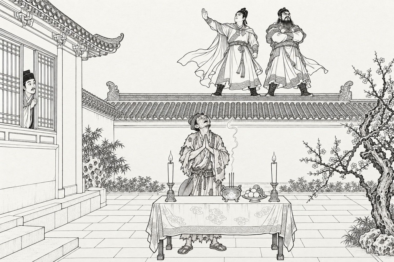A line drawing in the manner of a late-Qing lithographed edition: at night in a courtyard, a ragged monk stands behind an altar table with candles and a smoking incense burner, palms together and face tipped up, while two armoured warriors stand on the tiled roof ridge above in guardian poses and a man peers out from a window at the left.