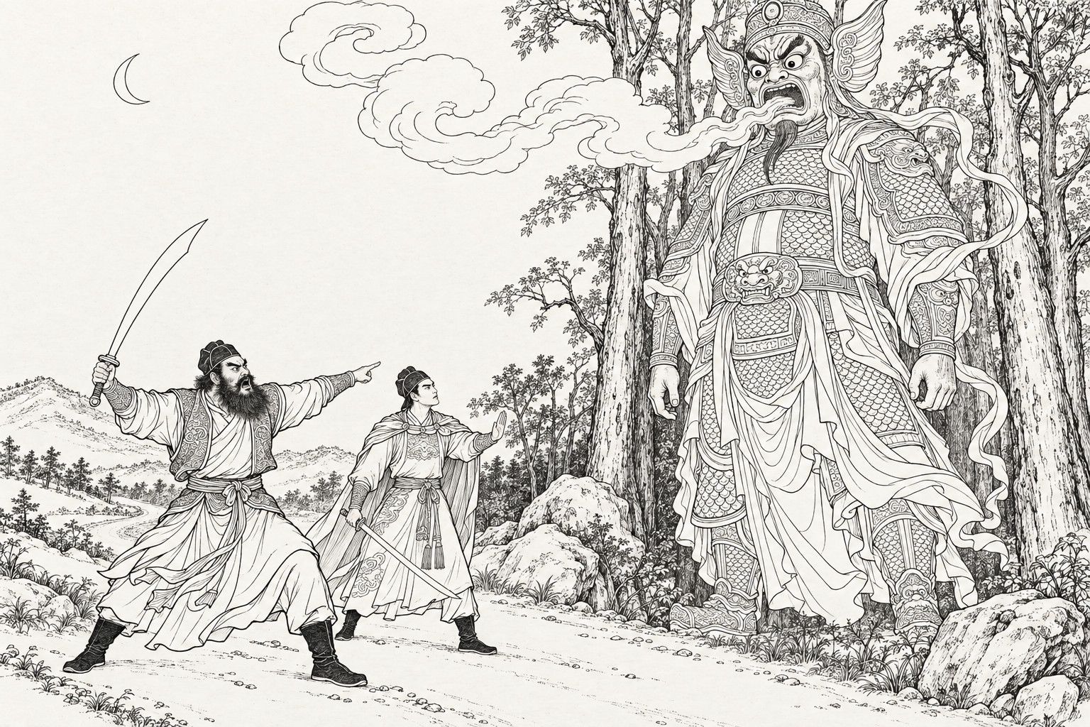 A line drawing in the manner of a late-Qing lithographed edition: at night beneath a crescent moon, a towering armoured god with winged helmet stands among tall trees with smoke curling from its open mouth, while a bearded man raises his saber and points, and a slimmer man beside him holds his saber low and ready.