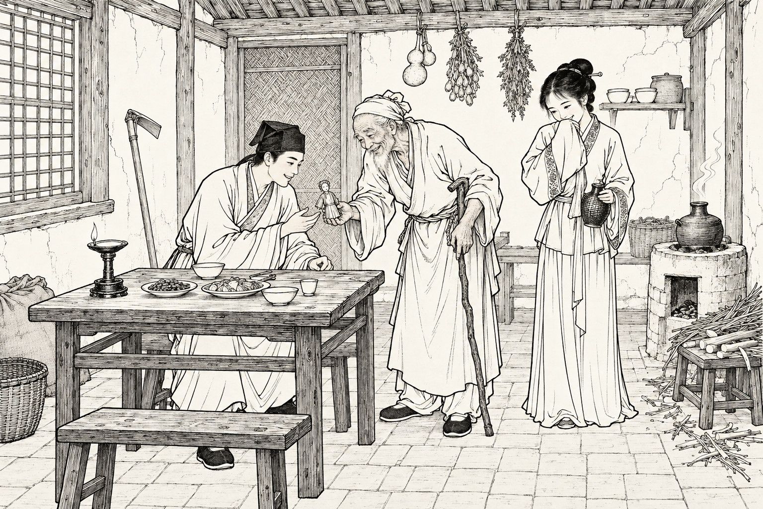 A line drawing in the manner of a late-Qing lithographed edition: in the low front room of a mountain farmhouse at night, a stooped old farmer holds out a tiny sorghum-pith doll to a young scholar seated at a table with a lamp, dishes and cups, while a smiling girl beside the stove, wine pot in hand, hides her mouth behind her sleeve.