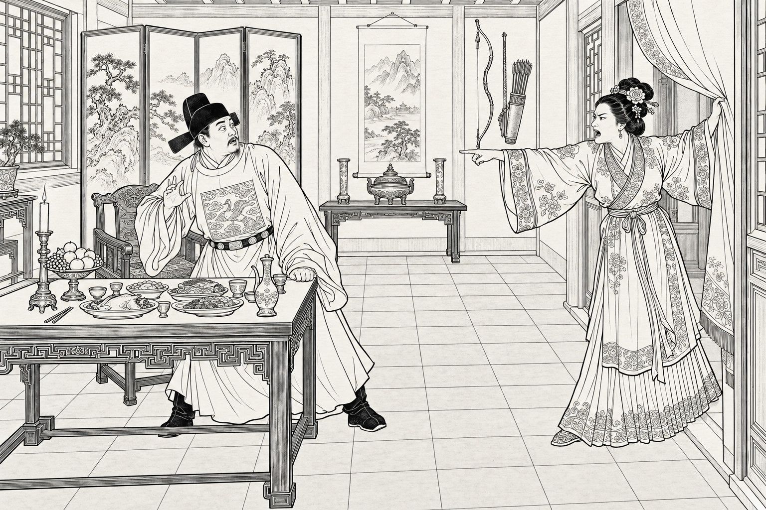 仿清末石印本的线描：官署宴饮的厅堂里，一位衣饰华丽的妇人立在右侧门口，一手撩起门帘，一手伸臂指着他斥骂；戴乌纱帽、穿圆领袍的武官在摆着酒菜、酒壶、烛台和果盘的桌旁半起身，手扶桌沿，满脸惊骇；背后有屏风、山水挂轴、香案、弓箭和格窗。