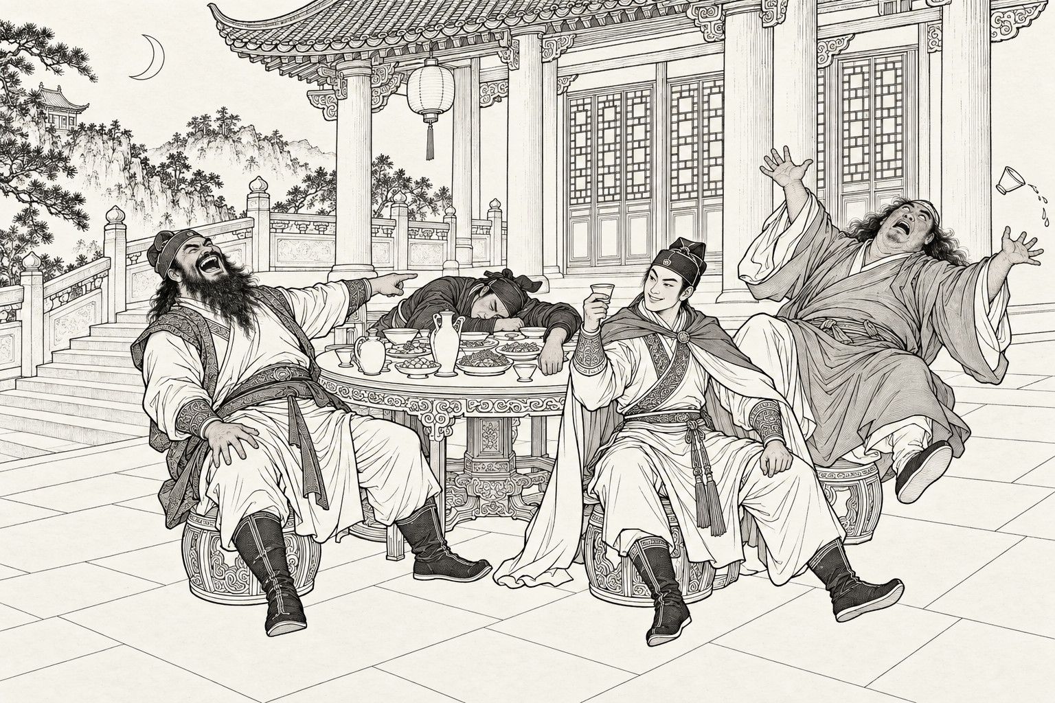 A line drawing in the manner of a late-Qing lithographed edition: at night on a temple terrace beneath a crescent moon, four men sit round a carved table of dishes: a bearded man throws his head back laughing and points, a man in dark clothes lies face down on the table, a young man in a cape raises a cup, and a long-haired monk topples backward off his stool with a cup flying from his hand.