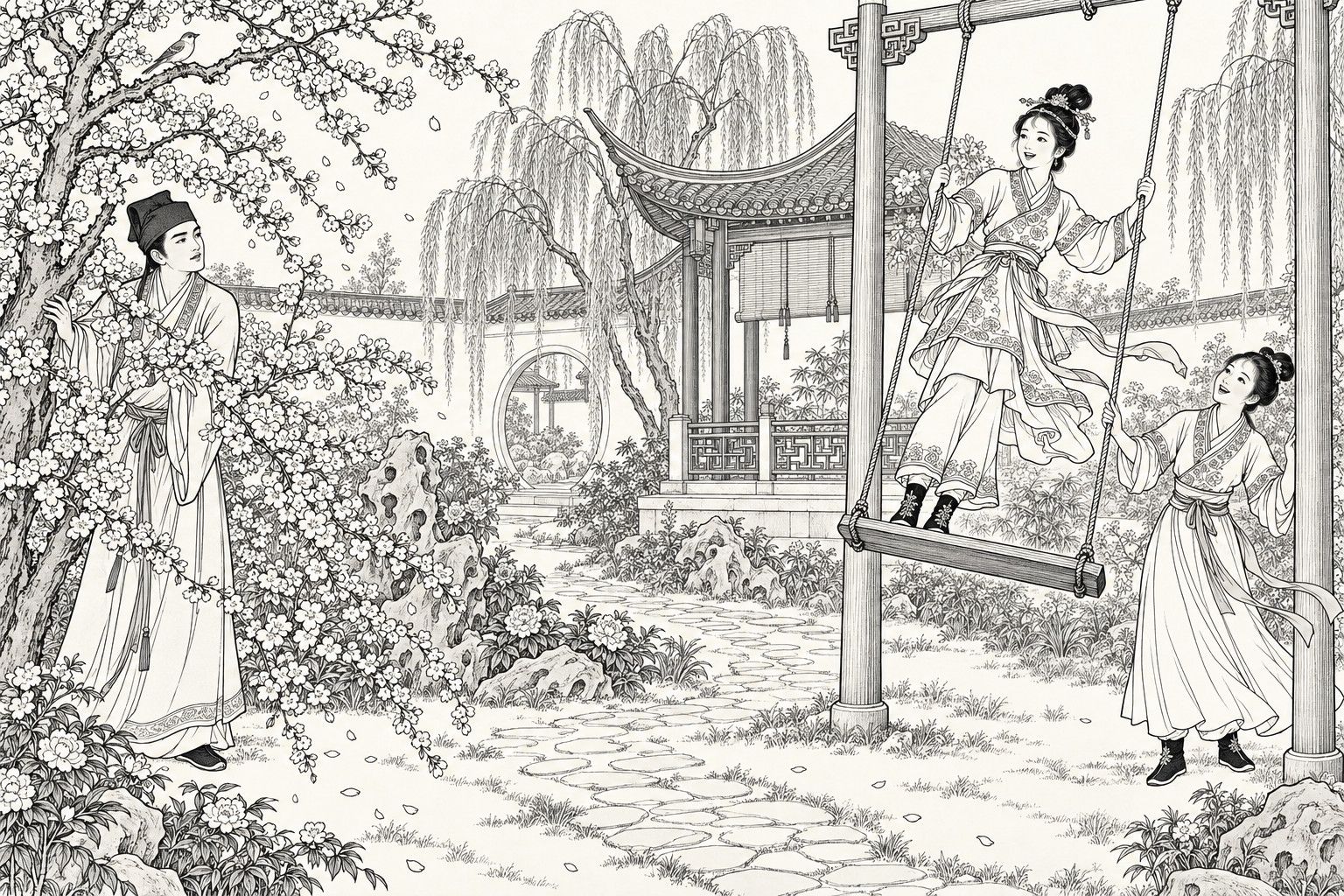 A line drawing in the manner of a late-Qing lithographed edition: in a spring garden, a young woman stands on a rope swing, holding both ropes as her skirts and ribbons fly up, laughing; a maid beside it steadies one rope; a young scholar peeps from behind a blossoming tree at the left, entranced; a pavilion, willows and a moon gate stand behind.