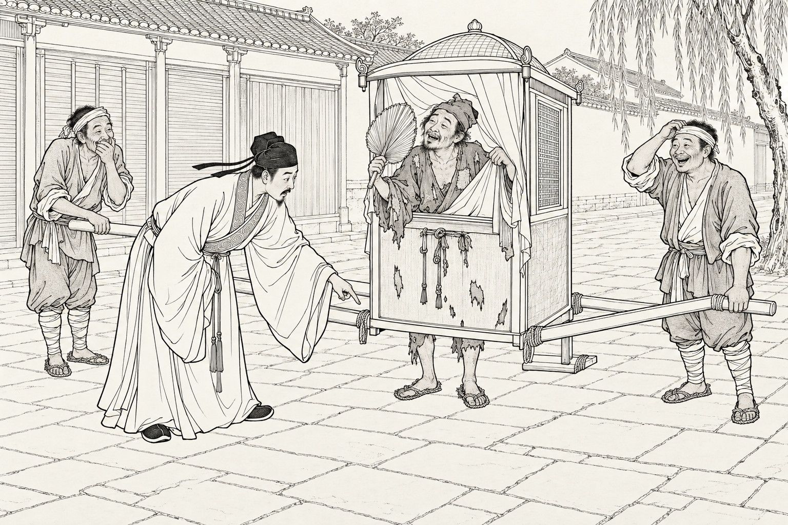 仿清末石印本的線描:石板街上,拿著扇子的破衣和尚站在沒有底的轎子裡,轎身像桶一樣套在他腰上,赤腳露在下面;戴官帽的人彎著腰指著他;抬轎的兩個轎伕在前後槓邊笑著,一個抱著頭。