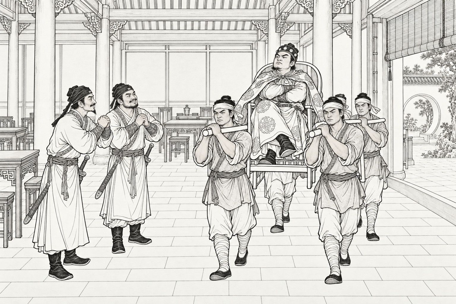 A line drawing in the manner of a late-Qing lithographed edition: in a pillared hall, a stocky young man in a patterned cloak sits with folded arms and a cold look in an armchair carried on the shoulders of four bearers, while two swordsmen at the left clasp their fists in greeting with hopeful smiles.