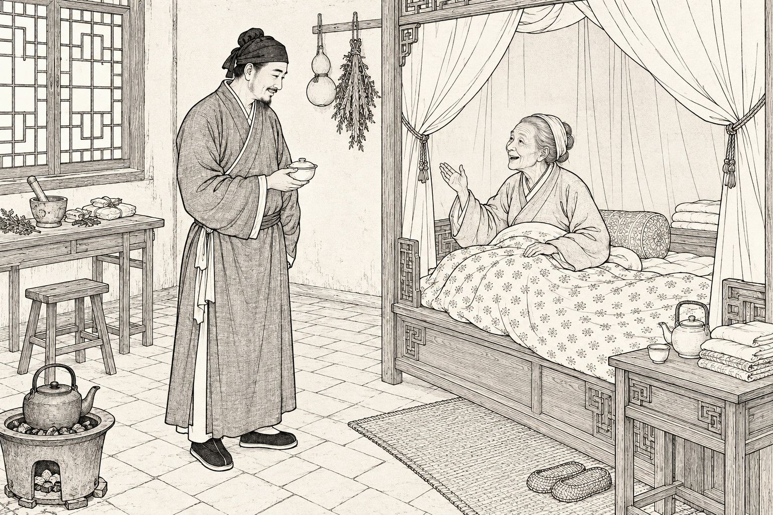 A line drawing in the manner of a late-Qing lithographed edition: in the daytime in a plain farmhouse bedroom, an old woman sits up in a curtained wooden bed under a patterned quilt and raises one hand in delighted question, while her son, a countryman in a head-wrap and long gown, stands smiling at the bedside holding a small lidded bowl, with a lattice window, a table with mortar and herbs, hanging gourd and dried herbs, and a brazier with a kettle around them.