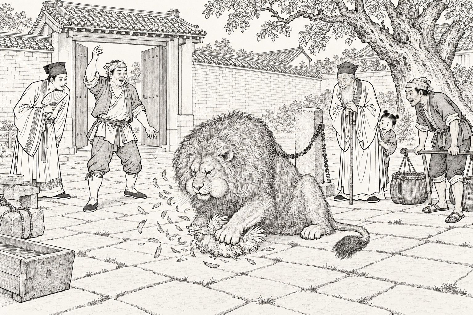 A line drawing in the manner of a late-Qing lithographed edition: in daytime in the paved forecourt of a post-station gate, a great shaggy chained lion crouches with one paw pinning a chicken while feathers swirl in the air, as a ring of delighted onlookers (a man with his arm still raised, a scholar with a fan, an old man with a staff and a small boy peeking out behind him, and a porter with his carrying pole and baskets set down) watch beneath a tiled gateway, brick wall and old tree.