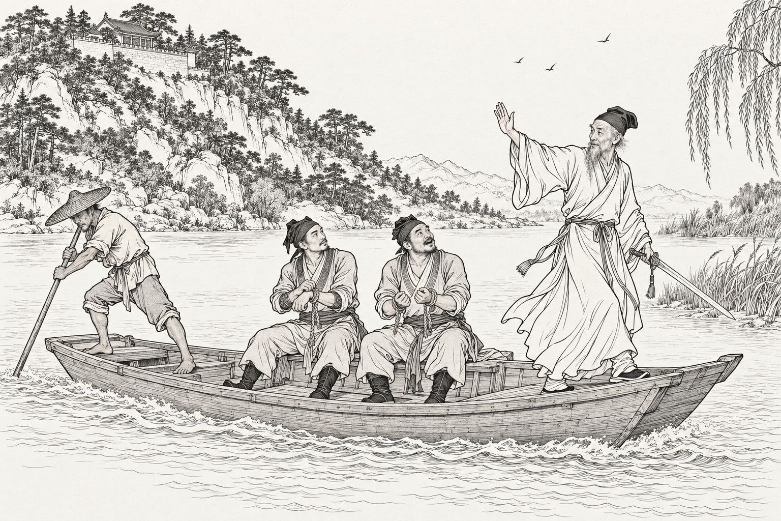 A line drawing in the manner of a late-Qing lithographed edition: on a river below a wooded hill with a temple, an old Daoist standing in the bow of a small boat looks back and raises a hand to urge the boatman on, while two men sit rubbing their wrists with cut ropes hanging from them and the boatman poles at the stern.