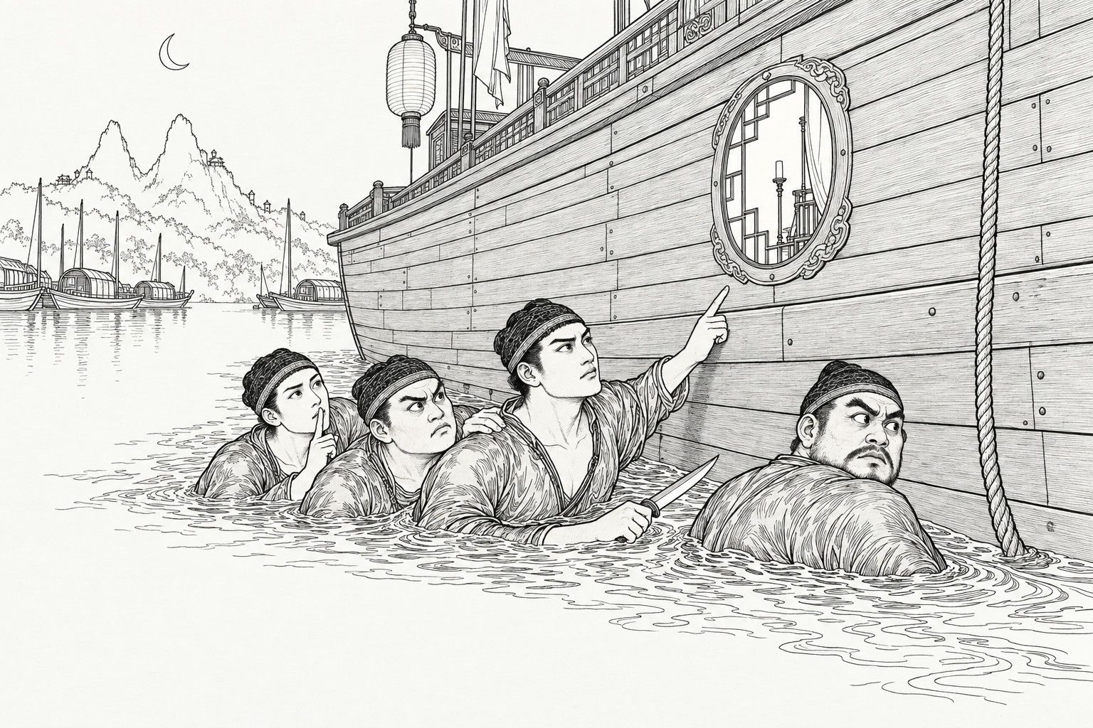 A line drawing in the manner of a late-Qing lithographed edition: at night on a river, four swimmers with only their heads and shoulders above water press against the high wooden side of a moored boat, one pointing up at a round lattice window and one holding a knife while another hushes with a finger to his lips.