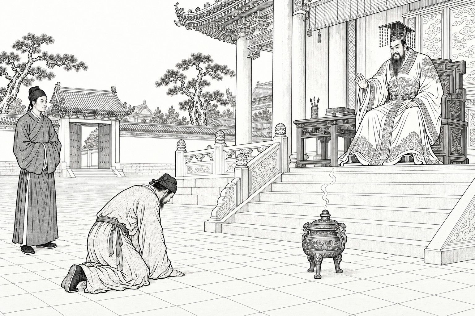A line drawing in the manner of a late-Qing lithographed edition: in the paved forecourt of a grand mansion, a countryman kneels with his head bowed at the foot of the steps, while a bearded lord in a crowned ceremonial robe sits in the open hall above and raises a hand to reassure him, and a servant in a long gown stands to one side with his hands in his sleeves, with a bronze incense burner, a carved balustrade, a gatehouse and pines in the background.
