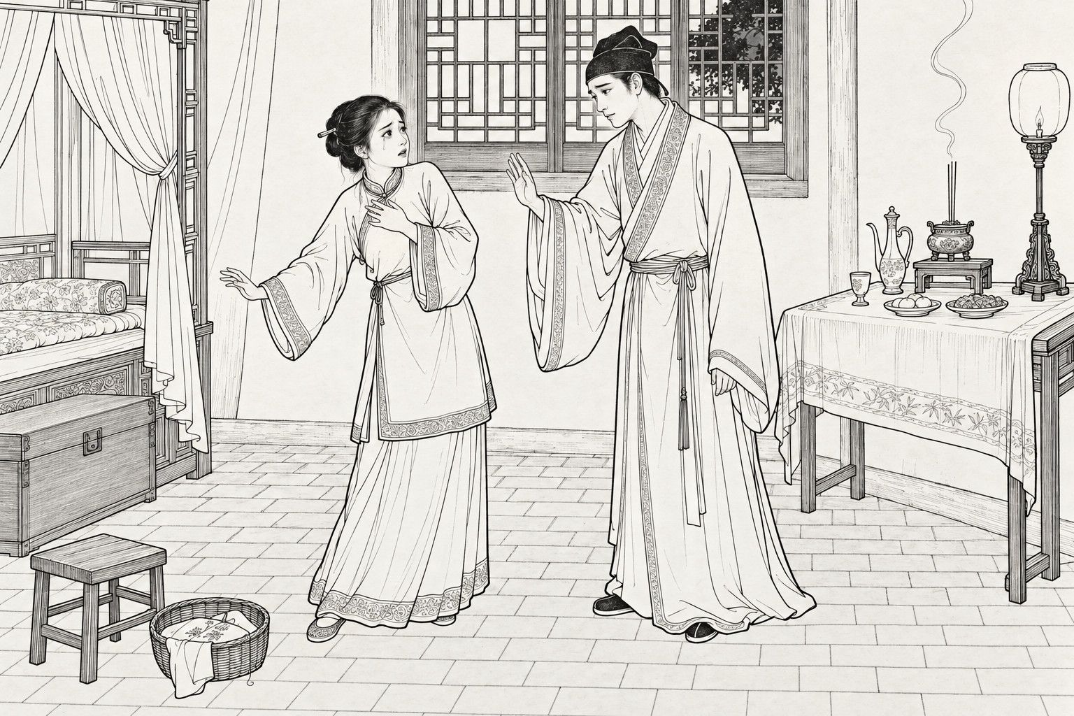 A line drawing in the manner of a late-Qing lithographed edition: At night in a village bedroom, a young widow in a plain jacket and skirt shrinks back with one hand pressed to her breast and the other raised toward the door, while her young husband in a scholar's cap and wide-sleeved gown raises a hand to calm her, near a cloth-covered altar table with food, wine, an incense burner and a lamp, with a curtained bed, a chest, a stool and a needlework basket around them.