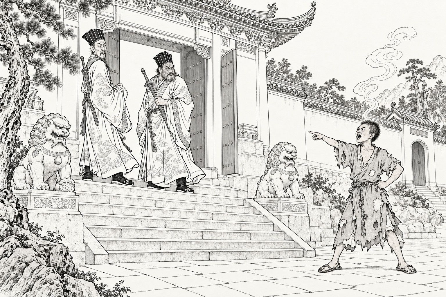 A line drawing in the manner of a late-Qing lithographed edition: at the gate of a mountain temple with stone lions, two old Daoists with swords on their backs stand at the top of the steps turning round, while a small ragged young monk with a hand on his hip points at them shouting, a plume of vapour rising above his head.