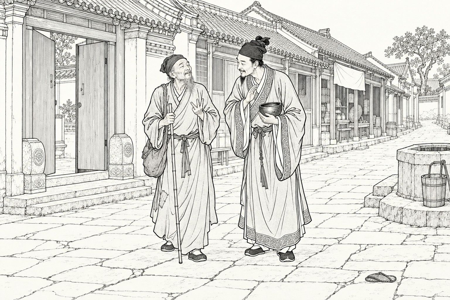 A line drawing in the manner of a late-Qing lithographed edition: on a flagstone street in a county town by day, outside a family gate with stone drums, a blind old fortune-teller with a bamboo staff and shoulder bag counts on his fingers while a wandering Daoist holding a begging bowl bows and leans toward him to talk, with shopfronts, a well and a bucket behind them.