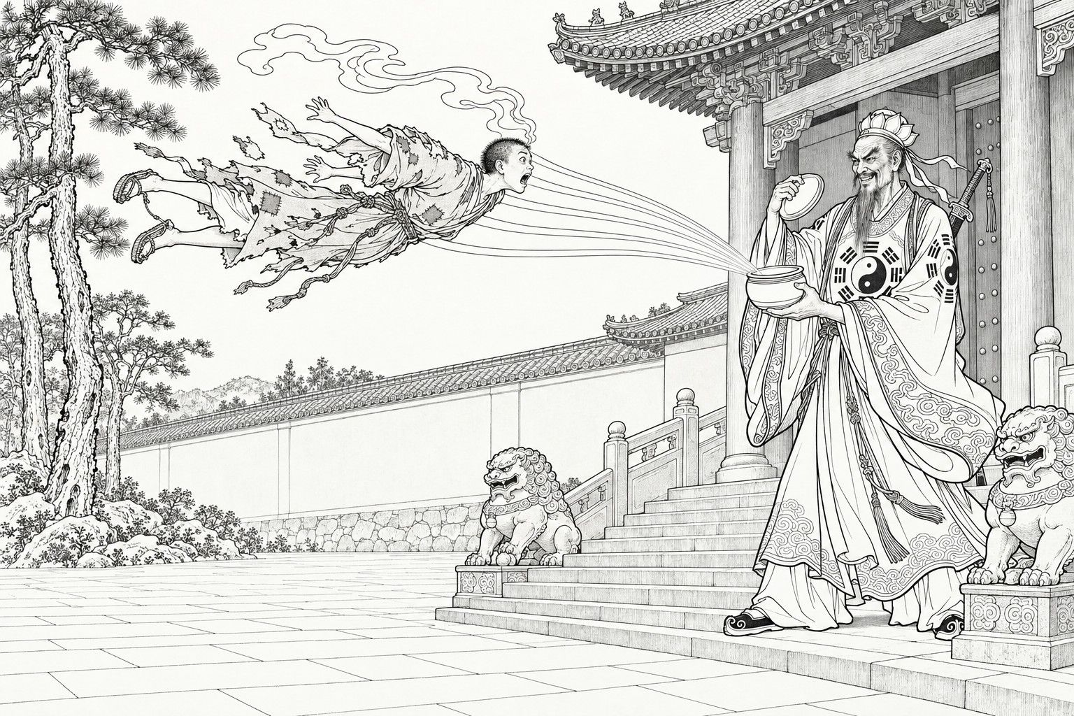 A line drawing in the manner of a late-Qing lithographed edition: before a temple gate with stone lions, a fierce old Daoist in a robe marked with the eight trigrams holds the lifted lid of an alms bowl, from which streams of light shoot out and sweep a ragged young monk, flying horizontally with his sleeves streaming, toward it.